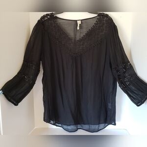 Women's Black Lace Trim 3/4 Sleeve Top Size XL By Grand & Greene